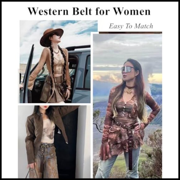 Vintage Western Leather Concho Chain Belt Y2K Boho Disc Cowgirl Style